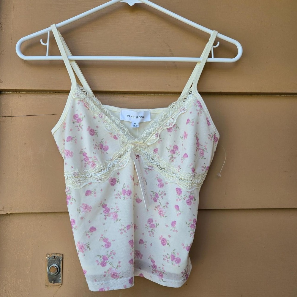 Pink Rose white and pink floral lace cropped cami top Size M babydoll